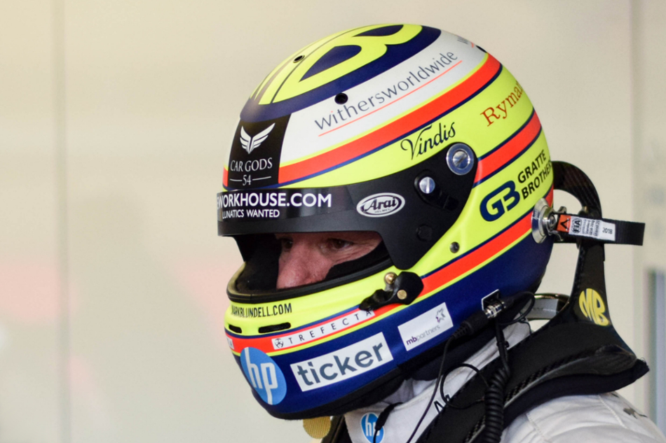 Mark Blundell's BTCC helmet sponsored by Ticker