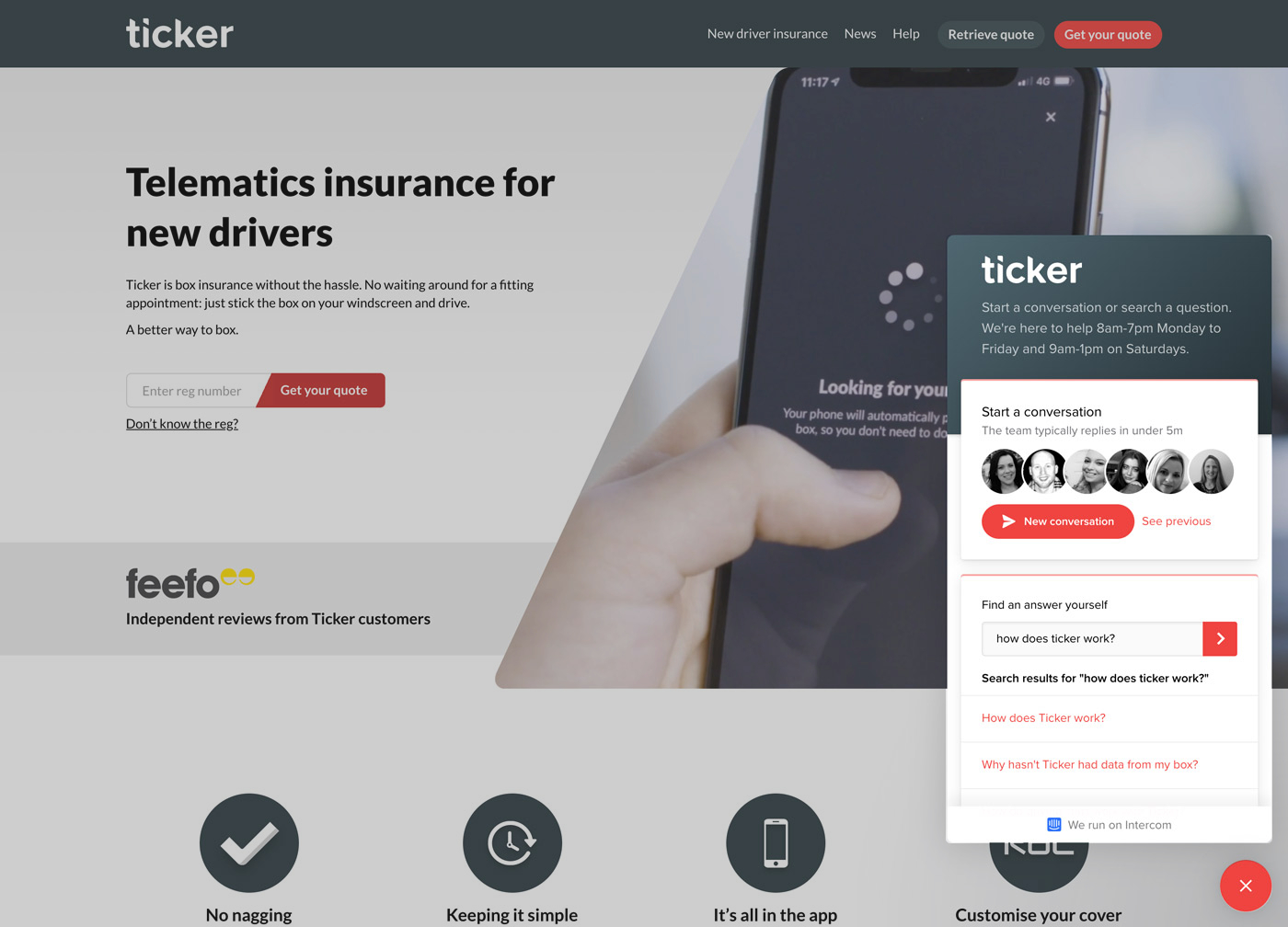 Intercom chat support for Ticker new driver insurance