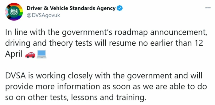 Tweet from the DVSA about driving tests and lessons