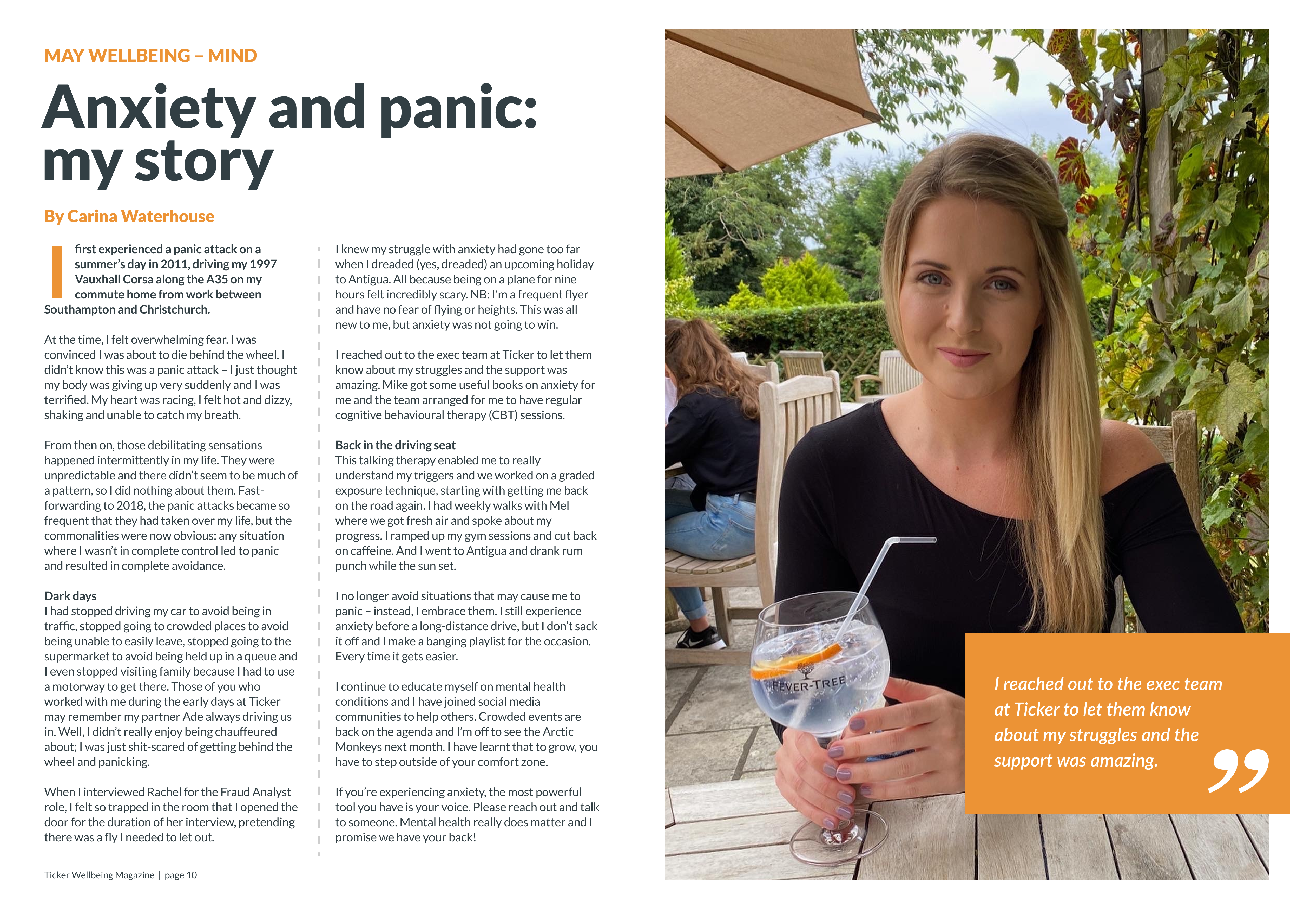 A double-page spread of an interview with Carina Waterhouse about anxiety and her experience.