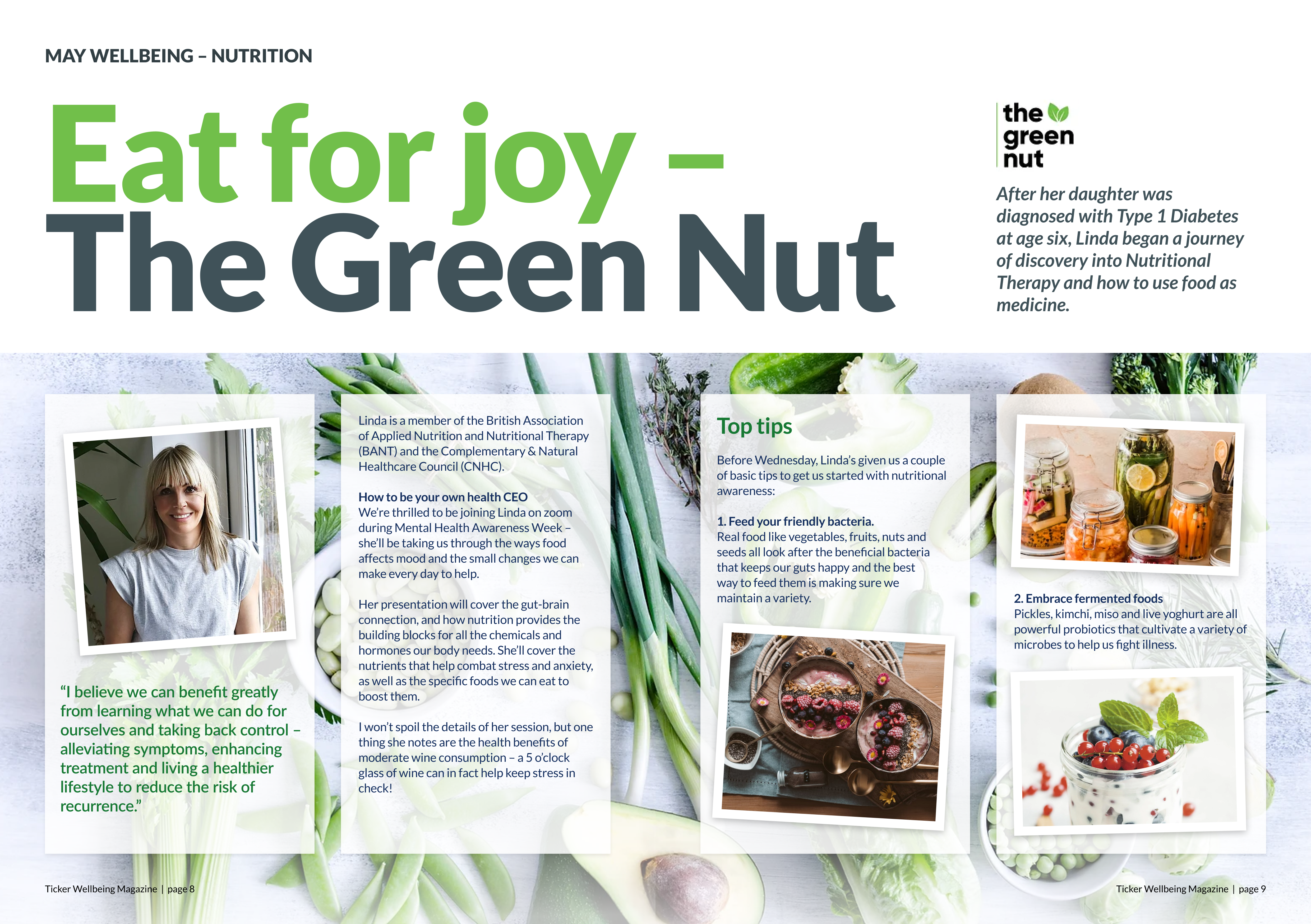 Double page magazine spread about nutrition and eating to ease anxiety. 