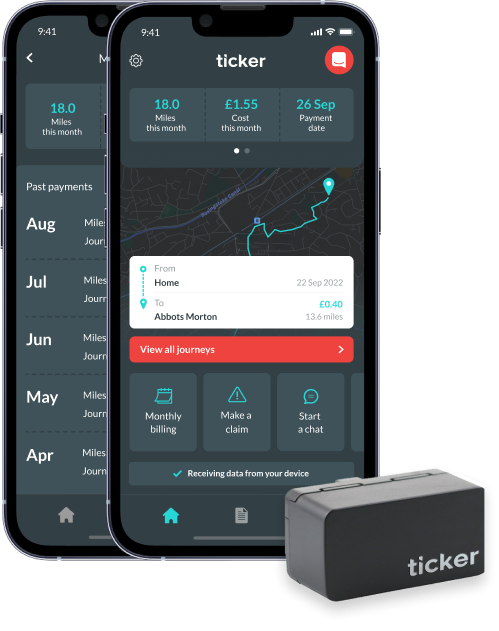 Two iPhone screens showing the Ticker app with a Ticker telematics device in the lower right-hand corner