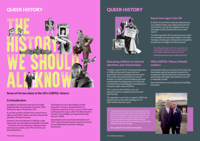 A spread from the Ticker Wellbeing Magazine LGBTQ+ history month edition