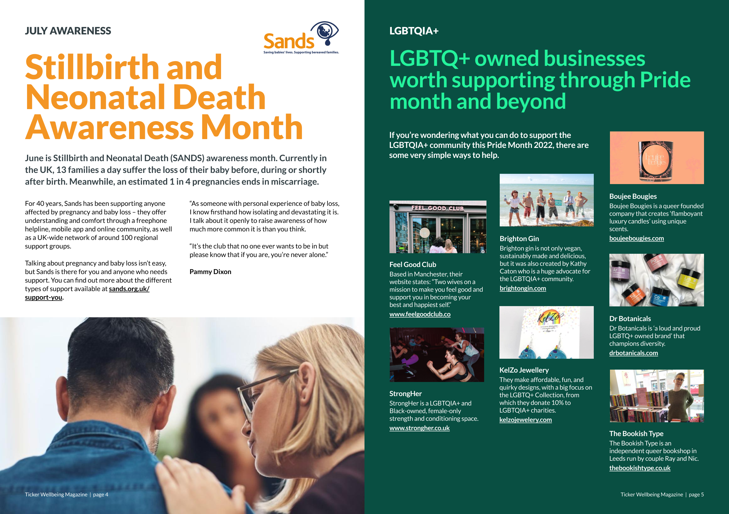 Two-page magazine spread. On the left-hand side is a the SANDS charity logo and text about Stillbirth Awareness month. On the right-hand side is a directory of LGBTQ+ businesses. 