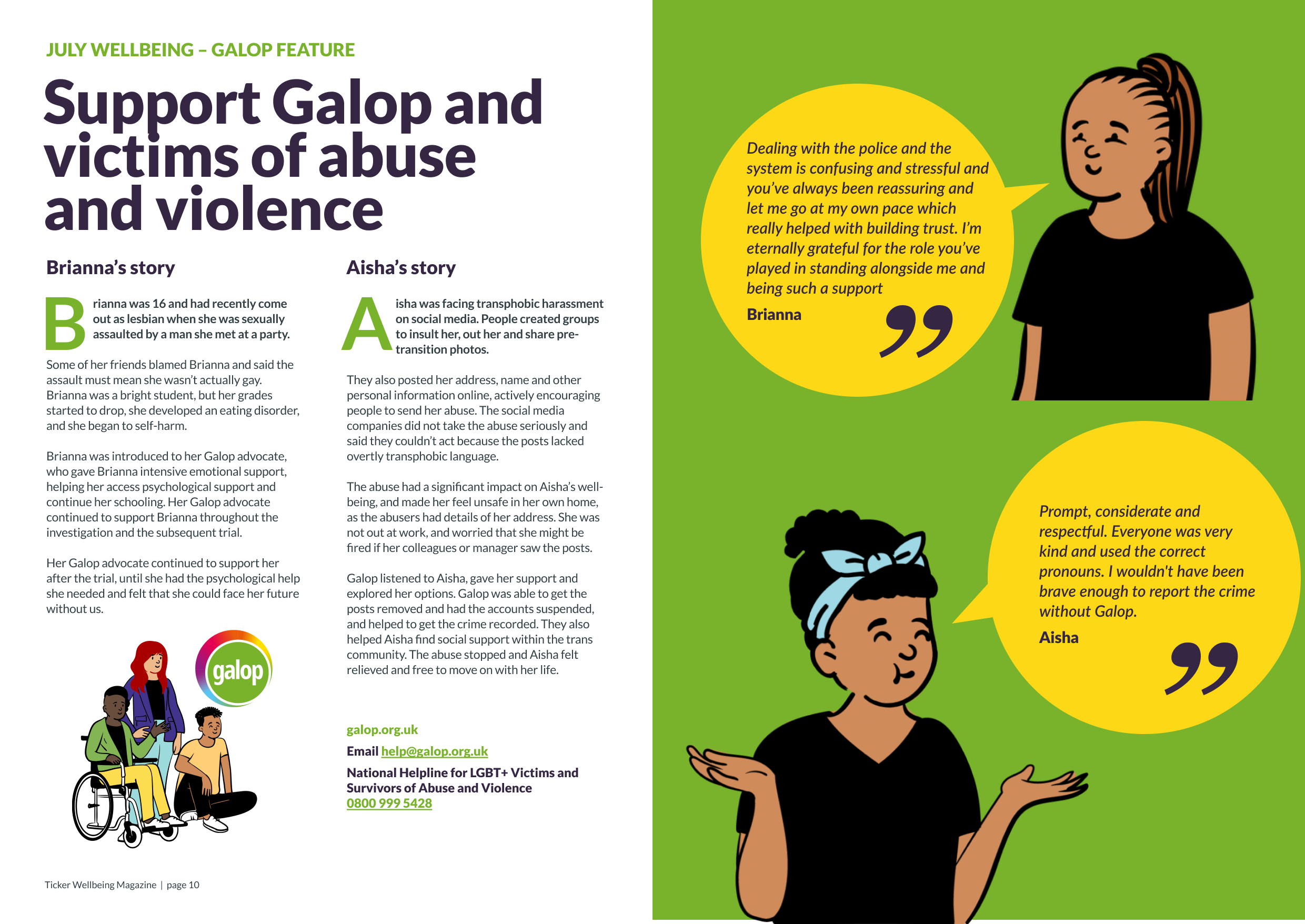 Two-page magazine spread featuring testimonials from Galop, a charity helping LGBTQ+ people who've experienced violence and abuse. 