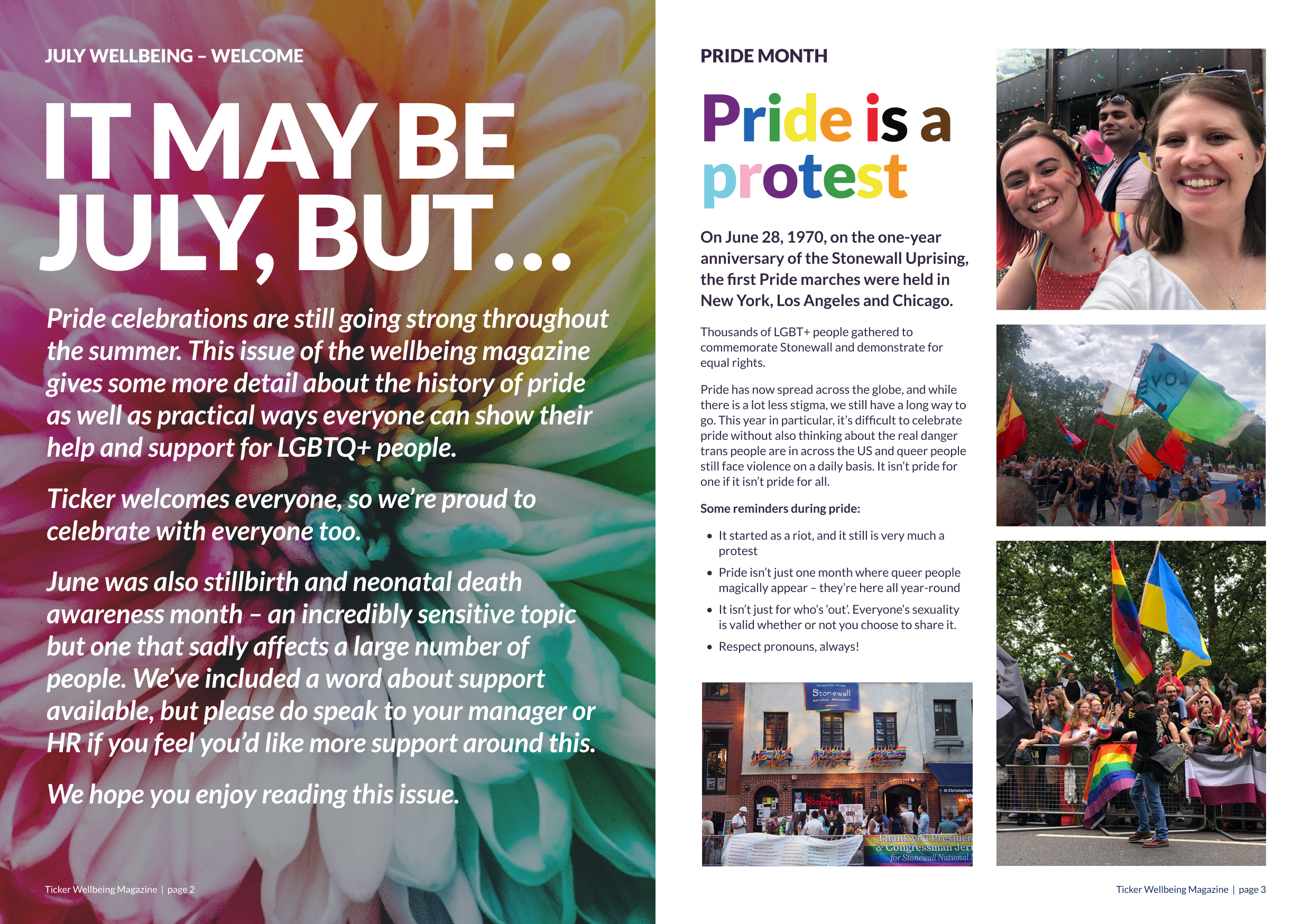 Colourful two-page magazine spread featuring a rainbow flower and text about Pride and its history. Photos from London Pride are shown on the right-hand side. 