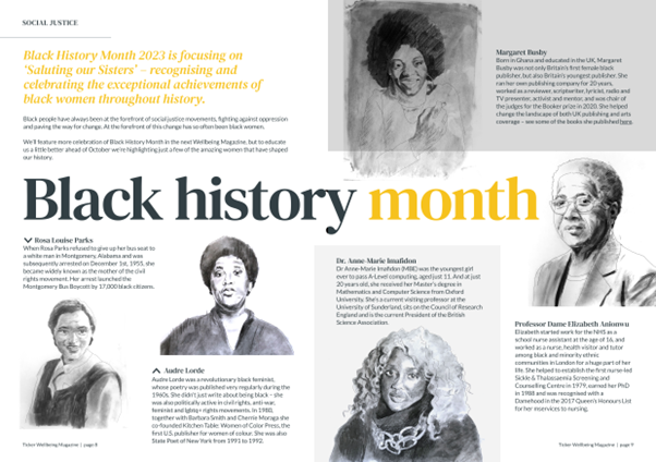 A double page magazine spread featuring portraits of historical black women, with a paragraph of text next to each. 