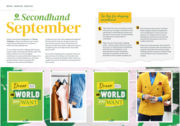Double page magazine spread featuring the Oxfam logo and images for their secondhand September campaign. There's a bullet list with tips on how to shop secondhand. 
