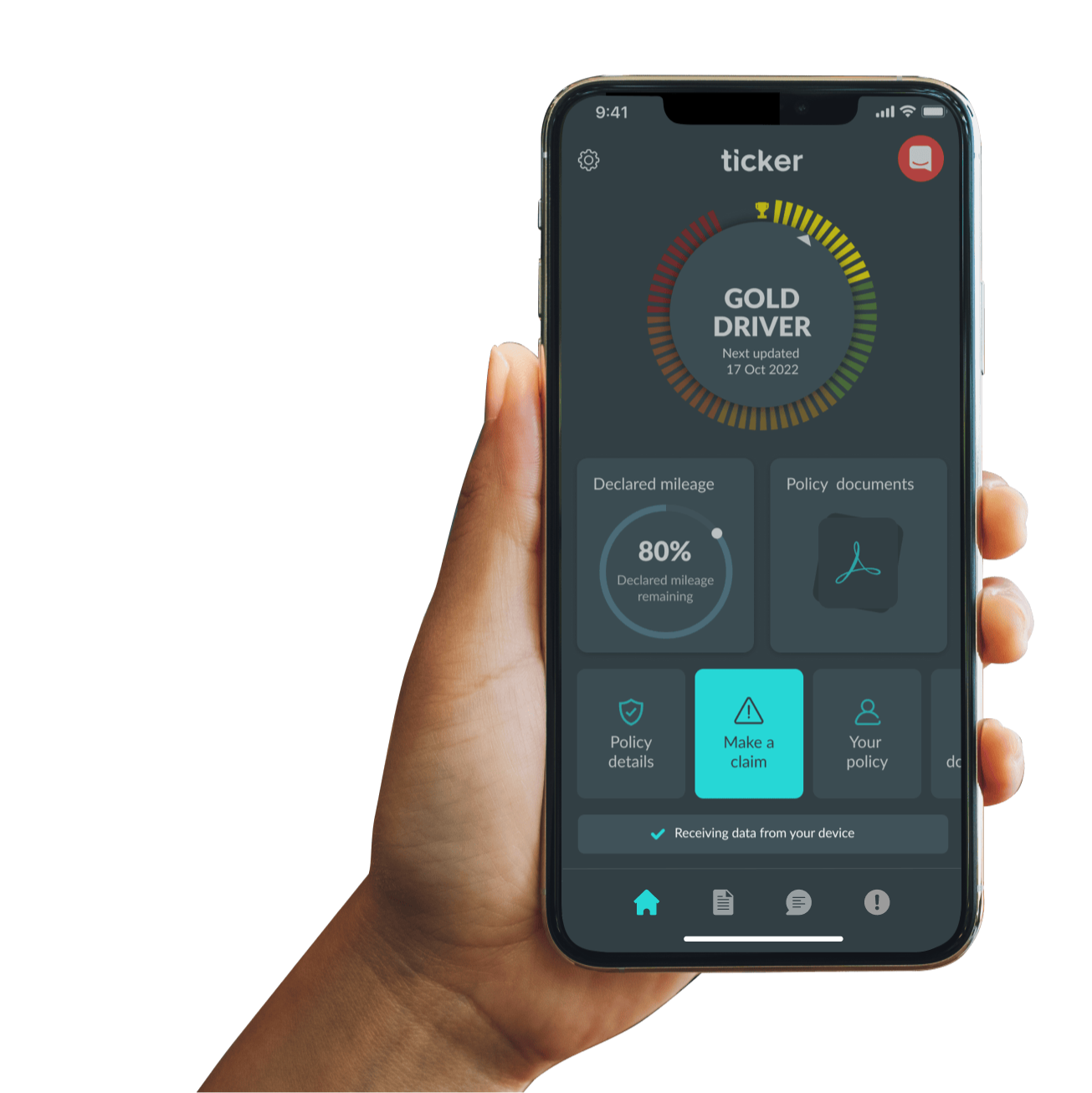 Hand holding a phone displaying the Ticker app