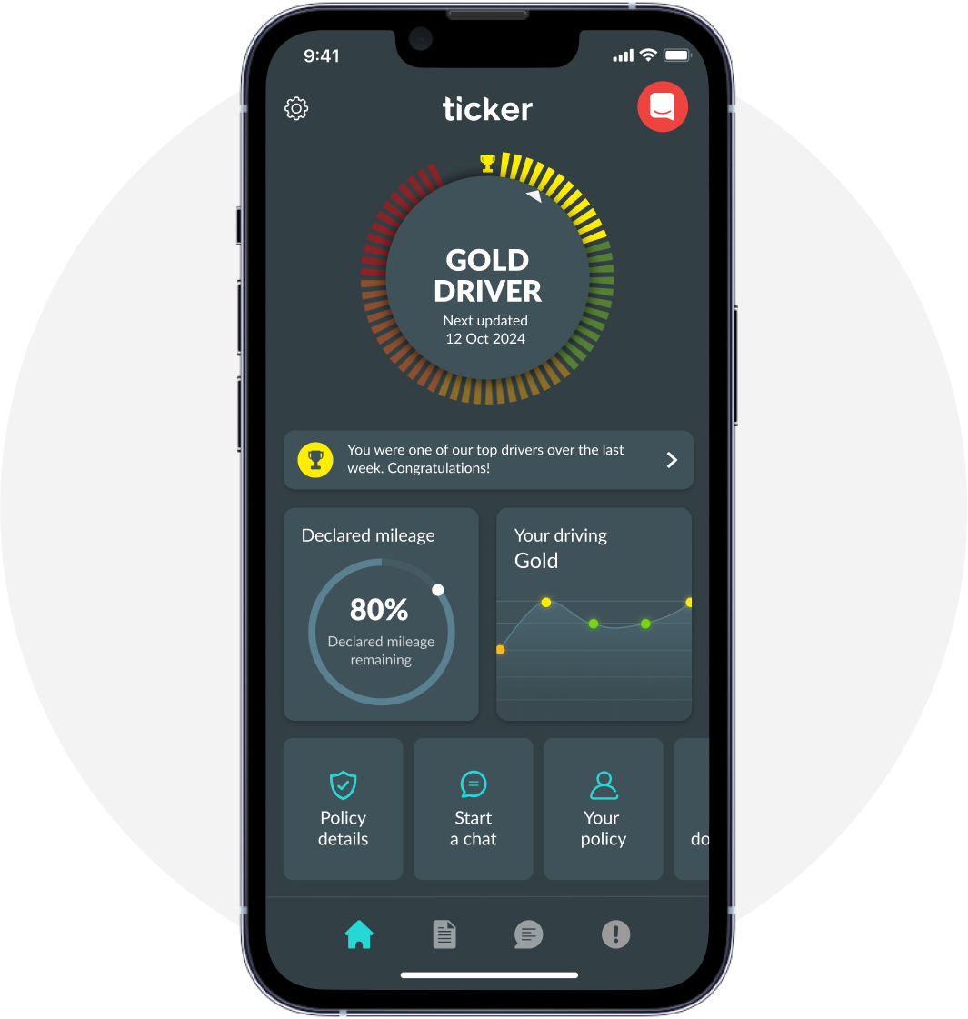 The Ticker telematics box and a phone screen showing the dashboard of the Ticker app
