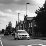 A young driver's car at a crossing